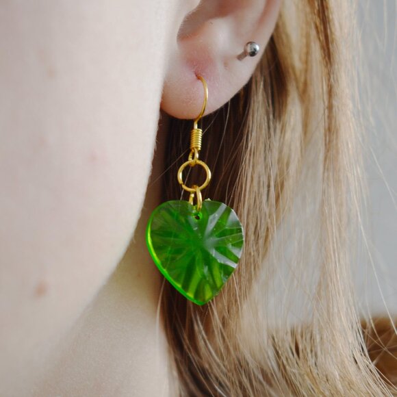Mismatched Green Leaf Dangle Earrings - Picture 2 of 4